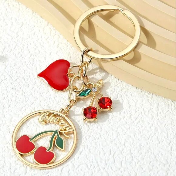 Cherry Bag Charm Keychain Purse Trendy Stylish Glam Bomb Y2K Fruit Gold Heart - Picture 2 of 4